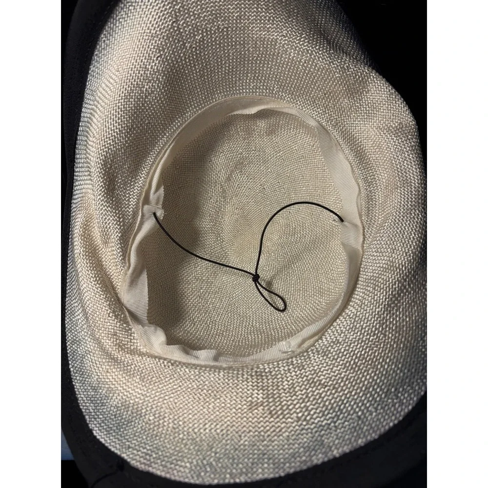 Woven Straw Sun Hat Wide Brim Cream Black Grosgrain Ribbon Bow Chin Strap